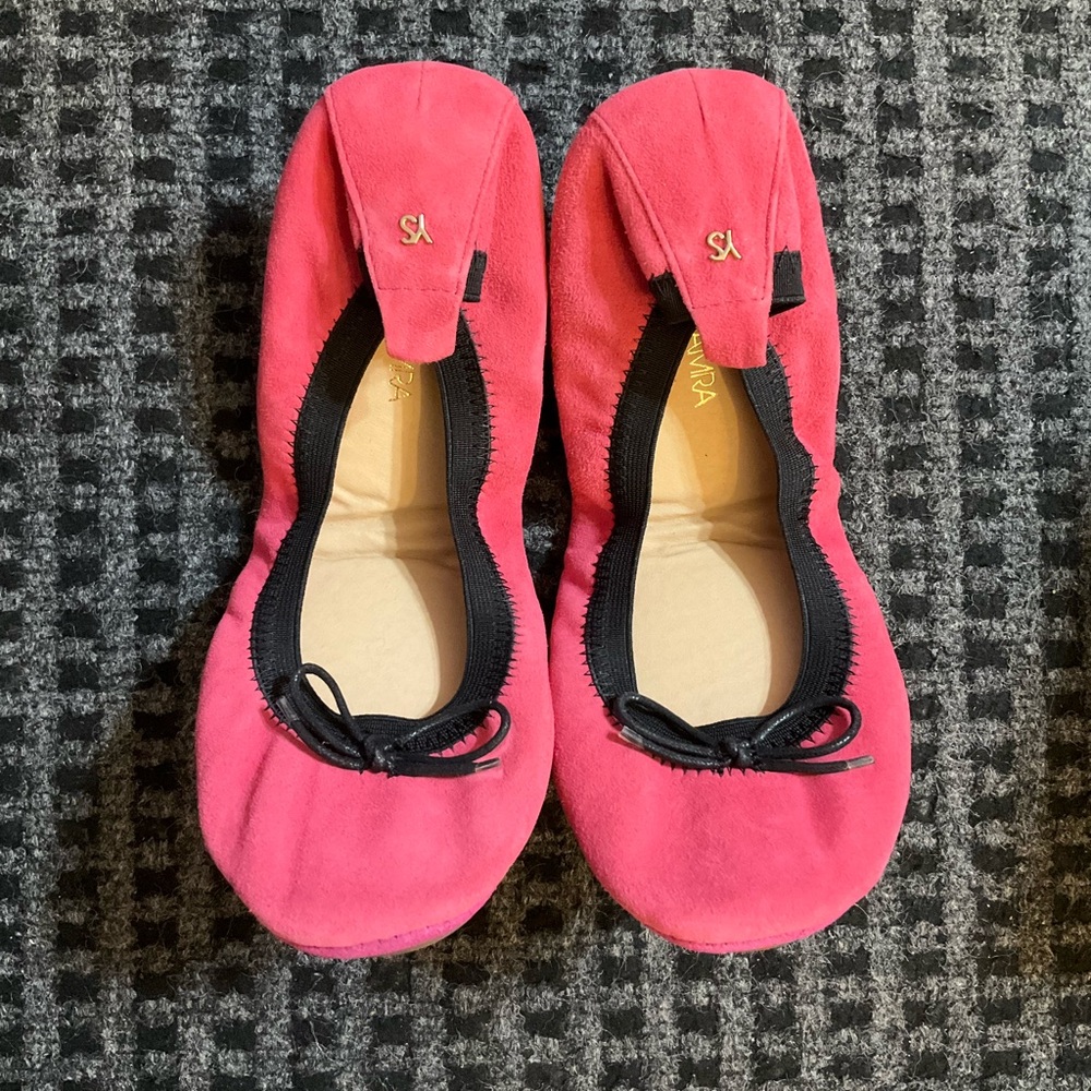Yosi Samra women’s pink faux suede black trim/bow foldable ballet flats 8